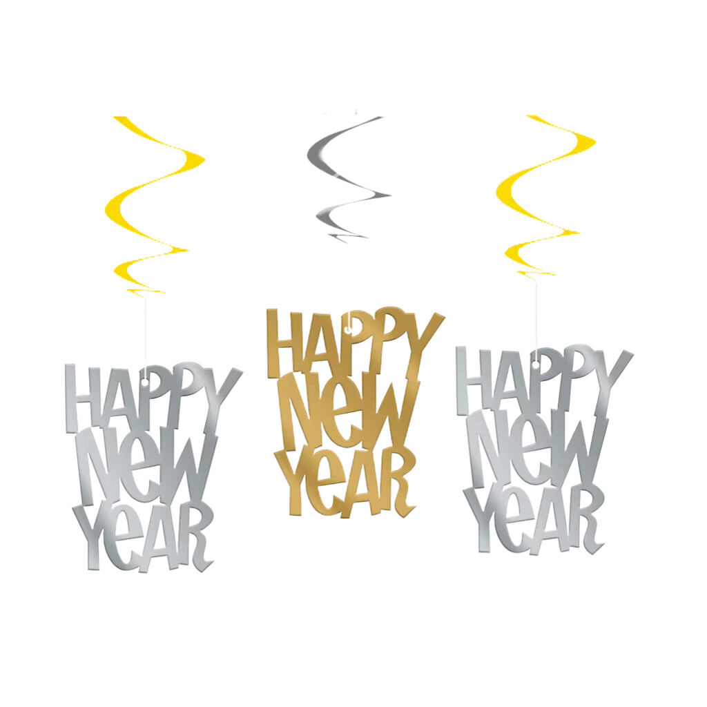 Happy New Year Gold and Silver Hanging Swirl Decorations