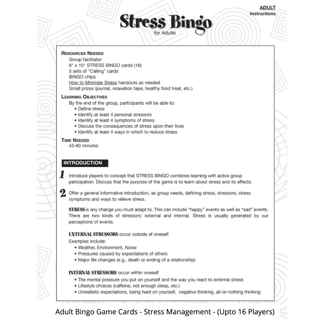 Adult Bingo Game Cards - Stress Management - Senior Style