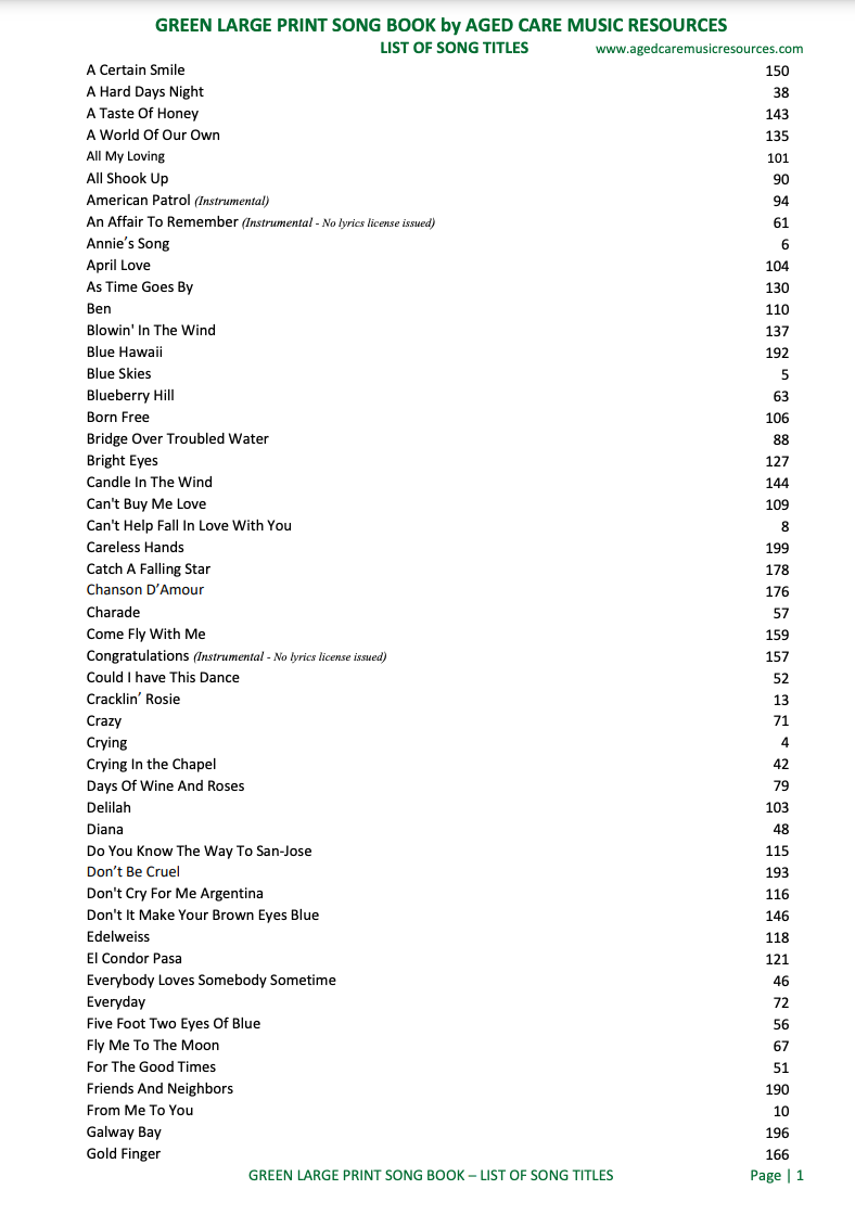 Green Large Print Song Book - Senior Style