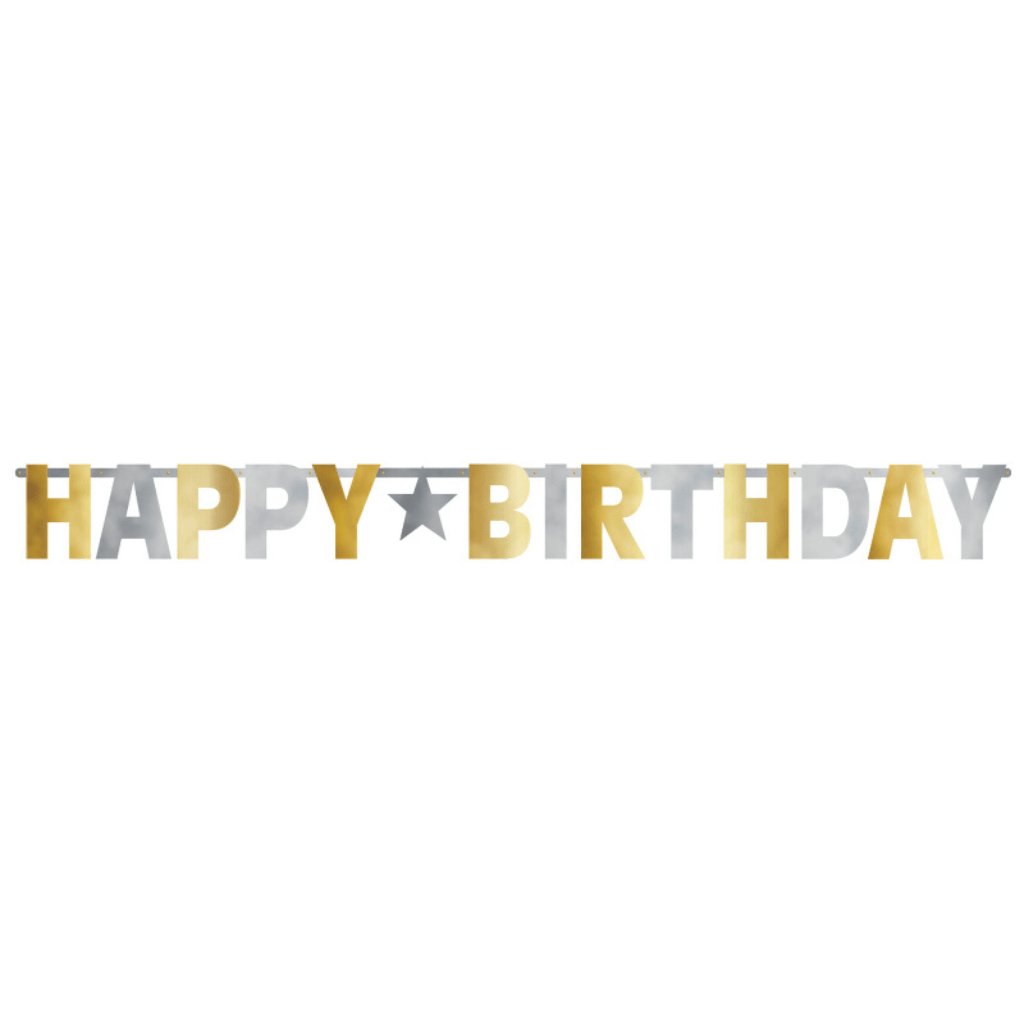 Happy Birthday Giant Foil Leter Banner Silver &amp; Gold - Senior Style