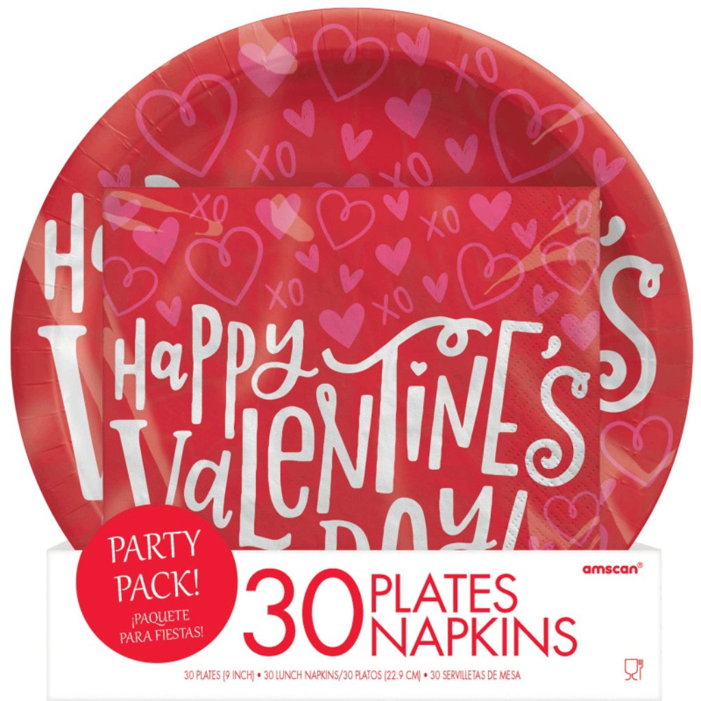 Happy Valentine's Day 22cm Paper Plates & Napkins Pack - Senior Style