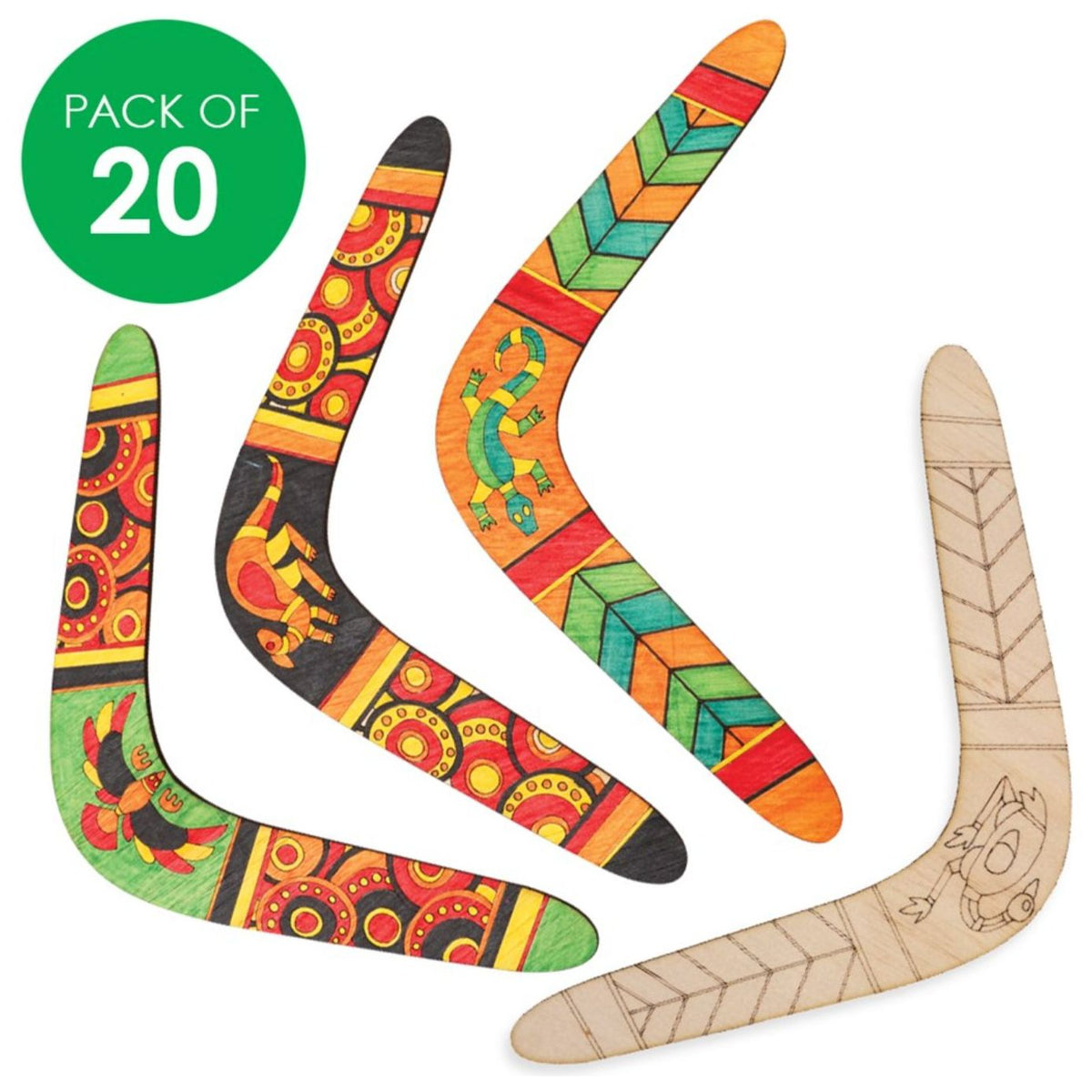 Indigenous Designed Laser Etched Boomerangs - Pack of 20 - Senior Style