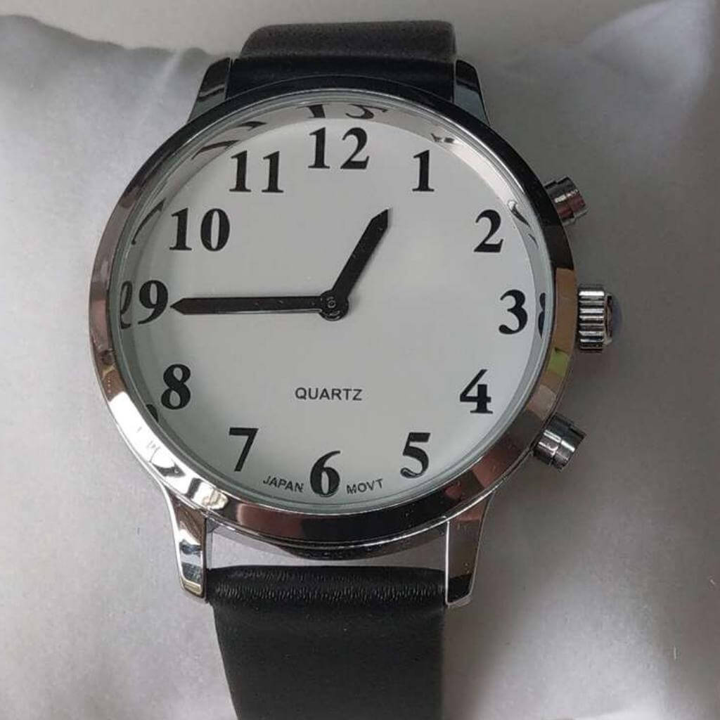 Large Male British Voice 2 Button Talking Watch White Dial Leather Strap - Senior Style