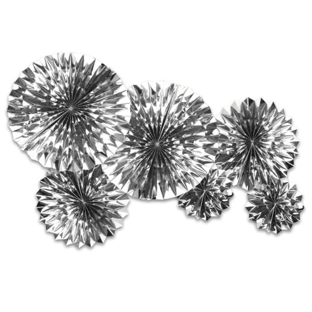 Metallic Silver Decorations Fans Pack Of 6 - Senior Style