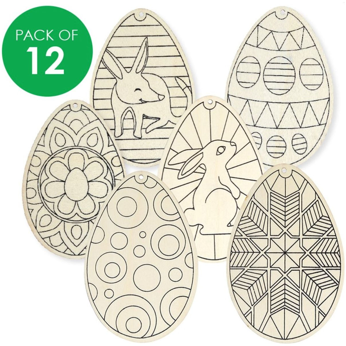 Printed Wooden Egg Ornaments Pack of 12 - Senior Style