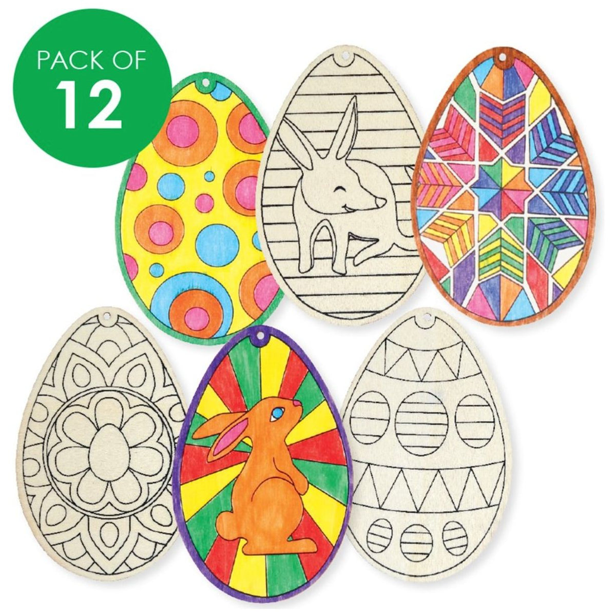 Printed Wooden Egg Ornaments Pack of 12 - Senior Style