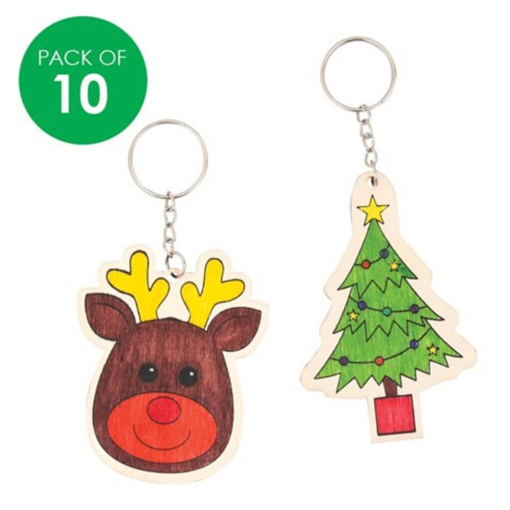 Printed Wooden Keyrings - Christmas - Pack of 10 - Senior Style