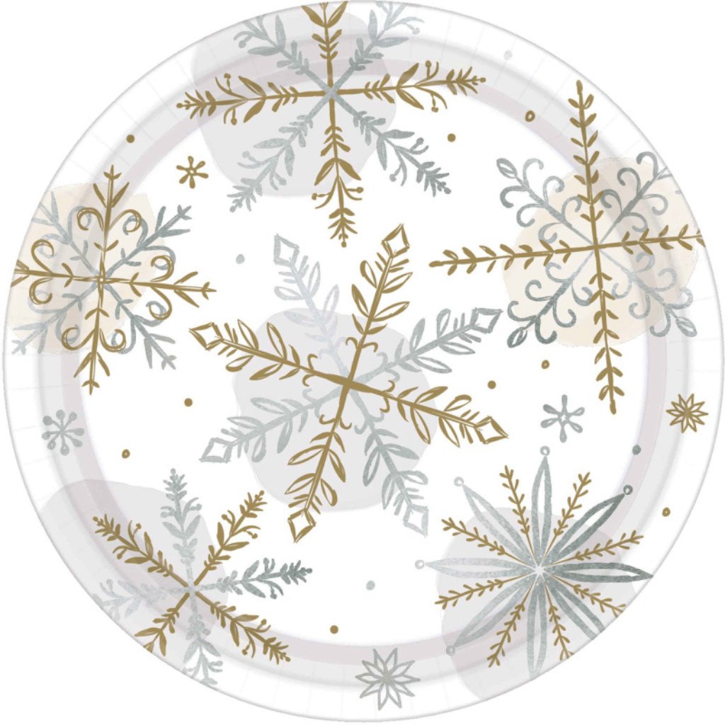 Shining Snowflakes 17cm Metallic Round Paper Plates - Senior Style