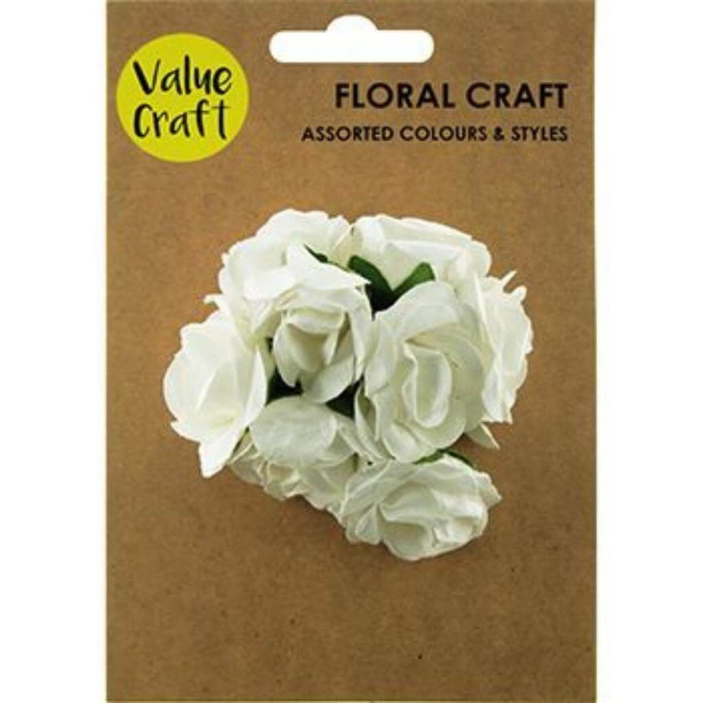 Small Paper Flowers Open Rose White 8 Pcs - Senior Style